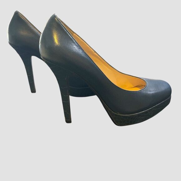Nine West Shoes - Nine West Heleneo Women's Navy Leather Pump Croc Embossed Platform Heels 6M